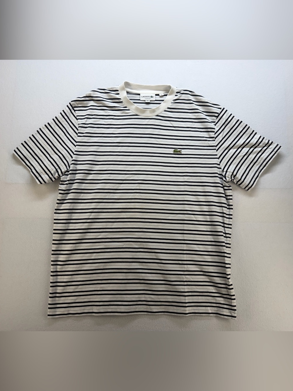 Lacoste White Short-Sleeve Crew with Black Stripes